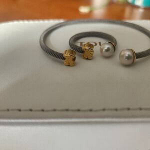 Authentic Tous 18k Gold & Steel  Mesh with Pearl and Bear Motif Ring & Bracelet